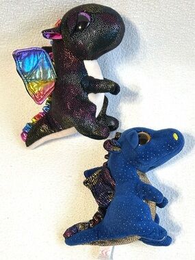 2 Ty Beanie Boos Dragons: Anora (2018) and Saffire (2017) Glitter Eyes
